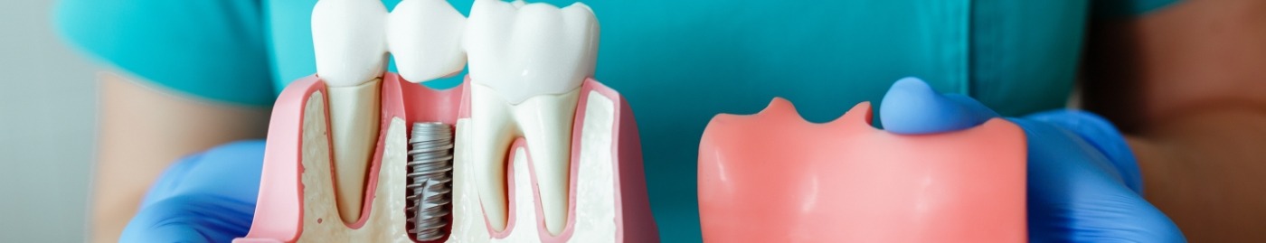 Dentist holding a model of dental implants in Albuquerque