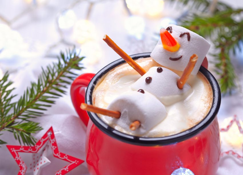 Marshmallow snowman in hot cocoa